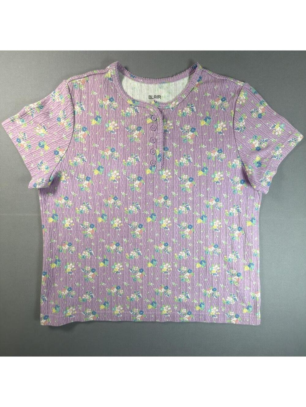 Blair Womens Large Lavender Ribbed Floral Henley Knit Top Short Sleeve Purple